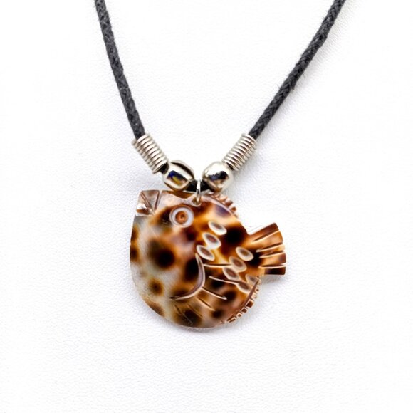 Fish-Shaped Shell Pendant Necklace With Black Cord & Adjustable Clasp - Picture 1 of 5